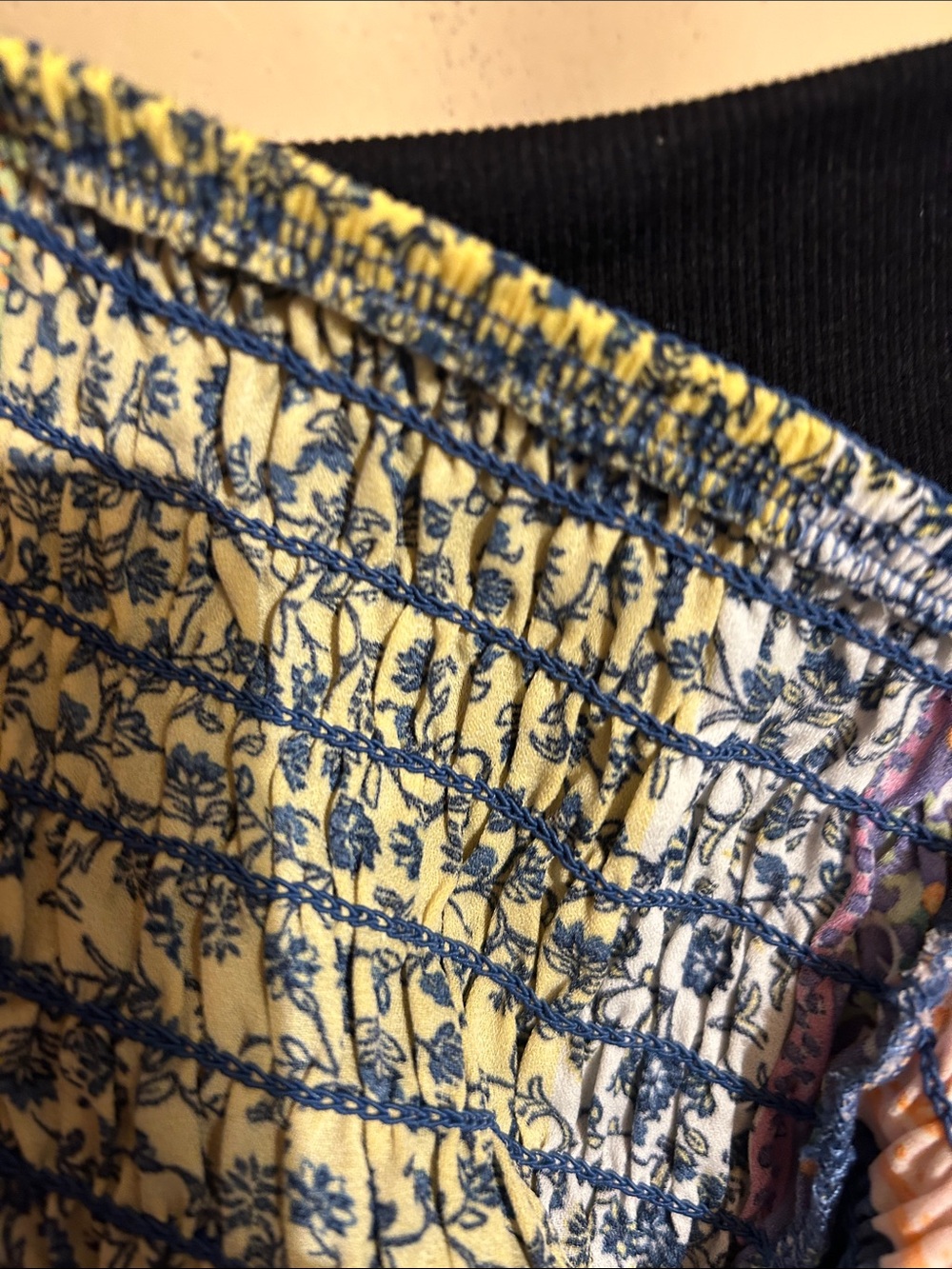 Sienna Sky Navy Yellow Patchwork Smocked Strapless Crop Top - Picture 6 of 7